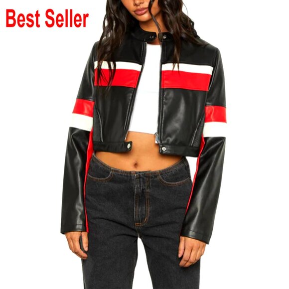 Faux Leather Cropped Motorcycle Jacket Zip Up Slim Fit Outerwear
